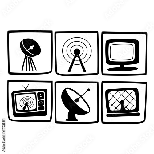 Illustration of a set of retro television and satellite dish isolated on white background