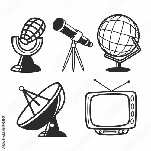 Illustration of a retro television, microphone, telescope, satellite dish and globe isolated on white background