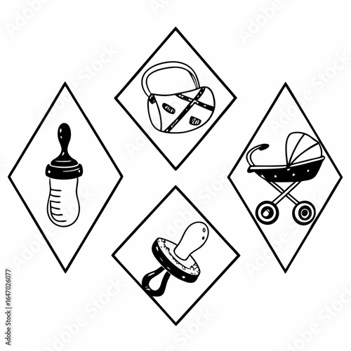 Baby essentials icons in diamond shapes, including bottle, bag, stroller, and pacifier