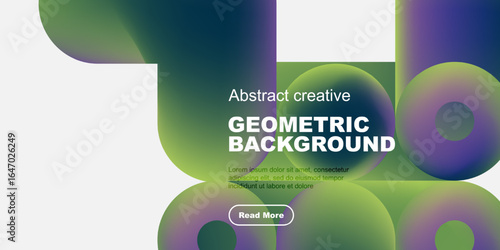 Abstract geometric shapes, vibrant colors, modern design. Text includes geometric background, plus sample text, button. Dark backdrop dominates.