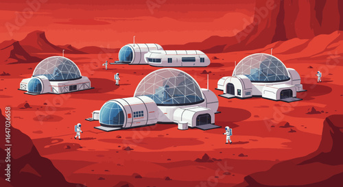 Mars Colony Base with Astronauts Exploring Red Planet Landscape