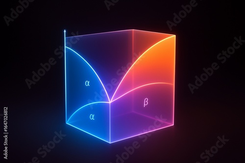 Neon 3D binary alloy phase diagram chart in a glowing cube