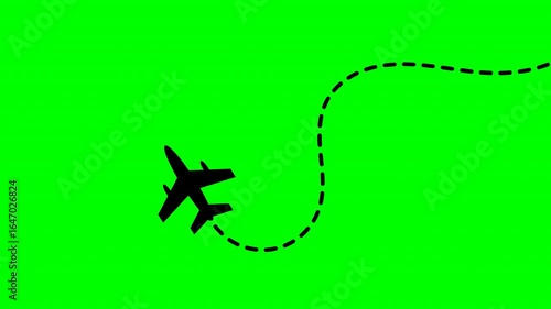 Airplane flying on dash line path bottom left. Dashed line route animation on green background 4k video