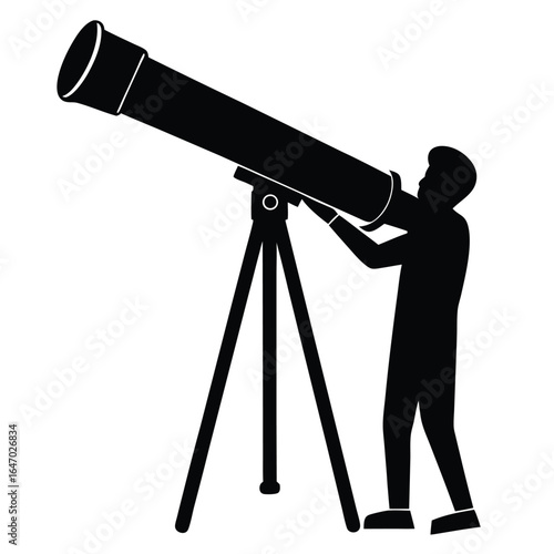 Silhouette person observing through telescope tripod