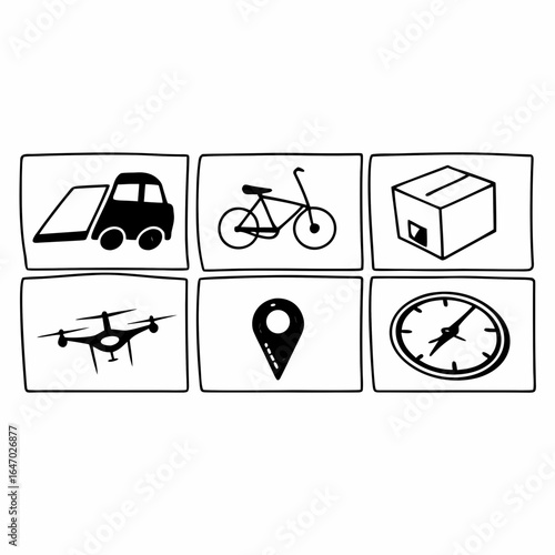 Delivery service icons with truck, bicycle, package, drone, location and clock isolated on white background