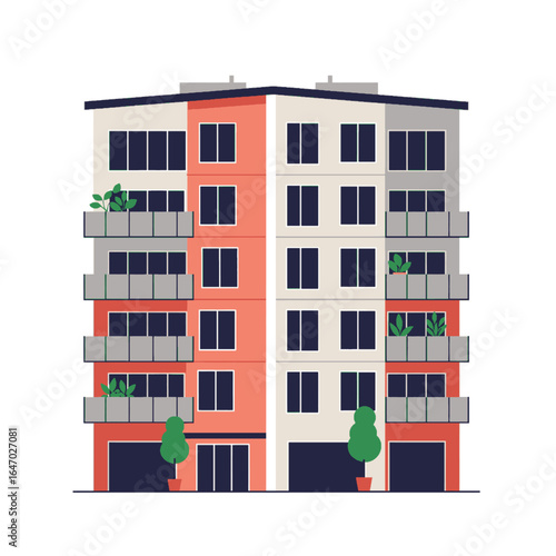 Modern Apartment Building with Balconies and Plants