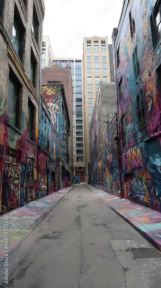 Fototapeta premium Urban alleyway with colorful graffiti art.