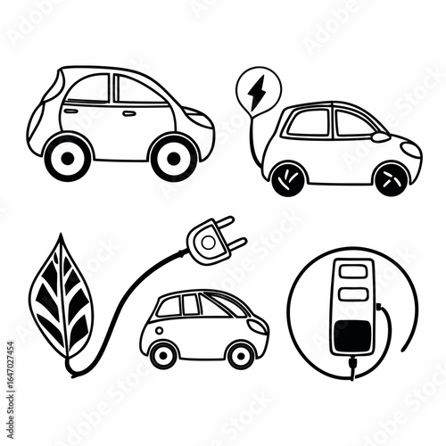 Electric vehicle charging doodle set, eco friendly transport isolated on white background