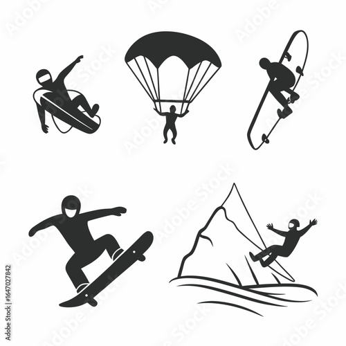 Snowboarding and paragliding extreme sport silhouette isolated on white background