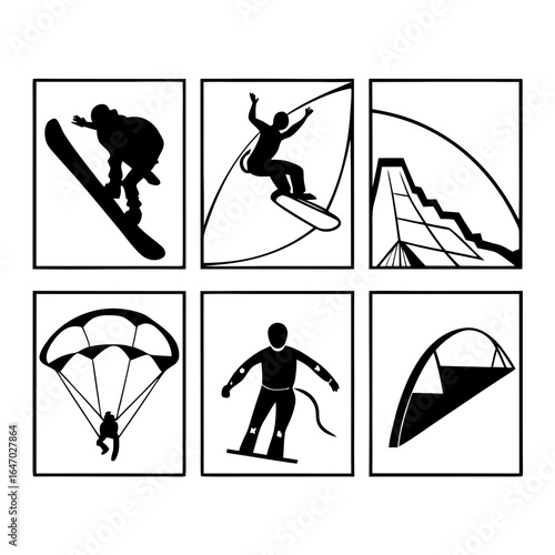 Snowboarding and paragliding extreme sport silhouette isolated on white background