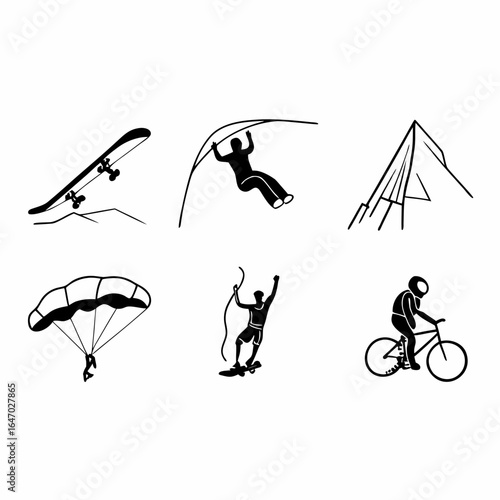 Extreme sports icons featuring skateboarding, hang gliding, parachuting, and biking