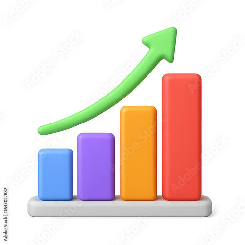 Photo of 3d bar chart with an upward green arrow indicating growth and success in business and finance, isolated on transparent background