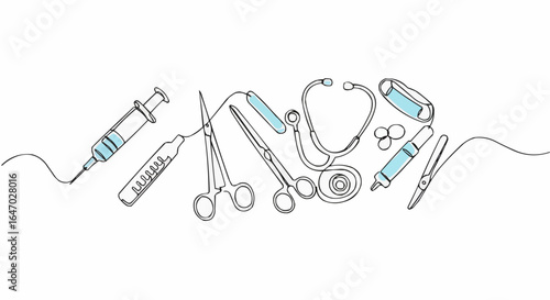 A collection of medical tools arranged in an artistic outline against a solid backdrop. 