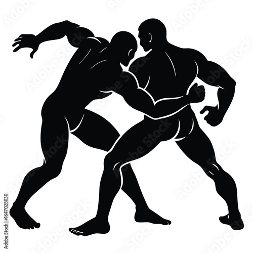 Two muscular men wrestling silhouette athletes combat