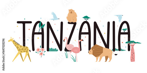 Tanzania Word Art with African Wildlife Animals, Birds, and Nature in Cute Illustration Style.