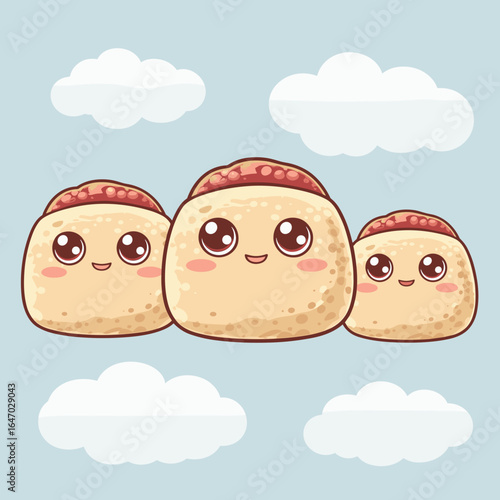 Kawaii mochi dessert trio with cute faces – Perfect for Asian food branding, character merchandise, or playful vector art