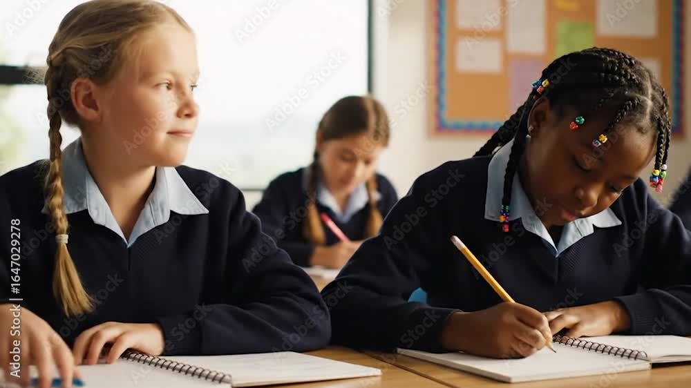 Écolières concentrées écrivant en classe durant un cours