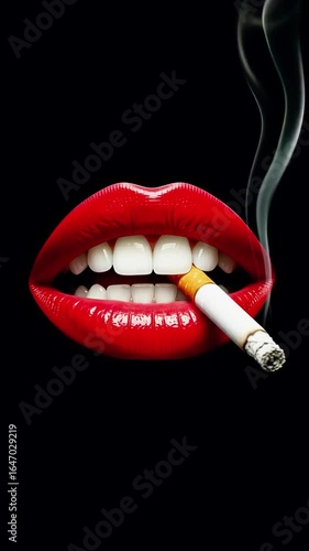 Bold red lips exhaling smoke in a striking display of attitude and allure