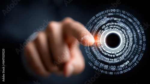 Close-up view of a fingertip interacting with a digital data interface.