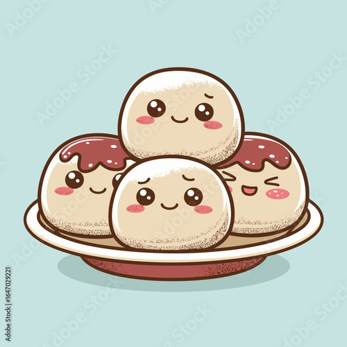 Kawaii-style mochi trio with red bean paste – Suitable for food blogs, snack packaging, or Japanese culture content