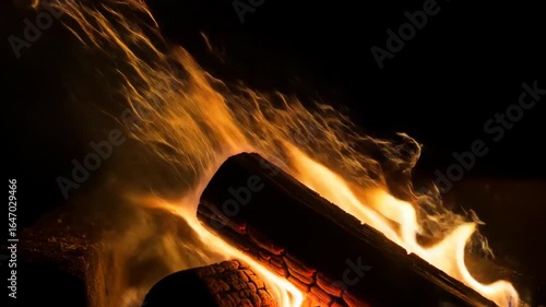 Burning Log in a Fireplace at Night