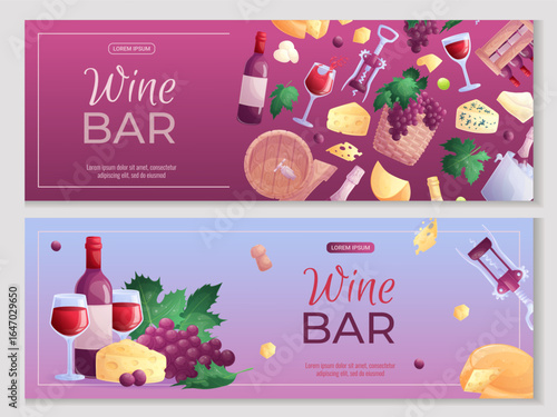 A set of promo banner design templates for a wine bar. Wine glass, bottle, grapes, corkscrew, cheese, wooden barrel. The concept of wine drinks and tastings. Vector illustration for posters, banners