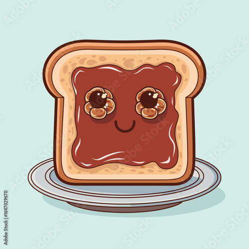 Kawaii toast with jam and raisin eyes on plate – Suitable for bakery branding, fun food cartoons, or breakfast-themed children’s content.
