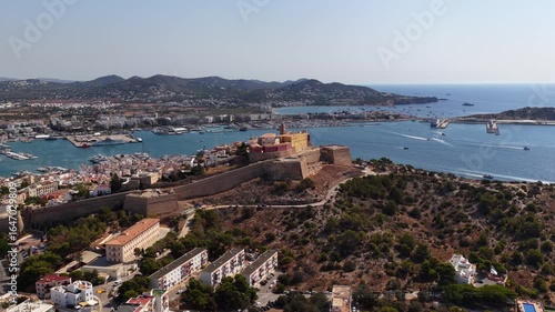 Aerial View of Dalt Vila Fortress and Ibiza Town Harbor, Spain