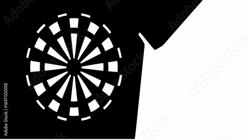 Abstract oval shape with radiating lines and segmented rings in a black and white composition design