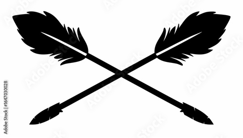 Illustration of two crossed arrows with feathered ends in black and white simple design style image