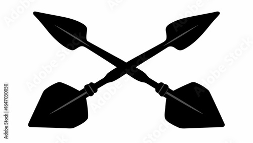 Illustration of two crossed black spears with tied handles on a white background in a simple design