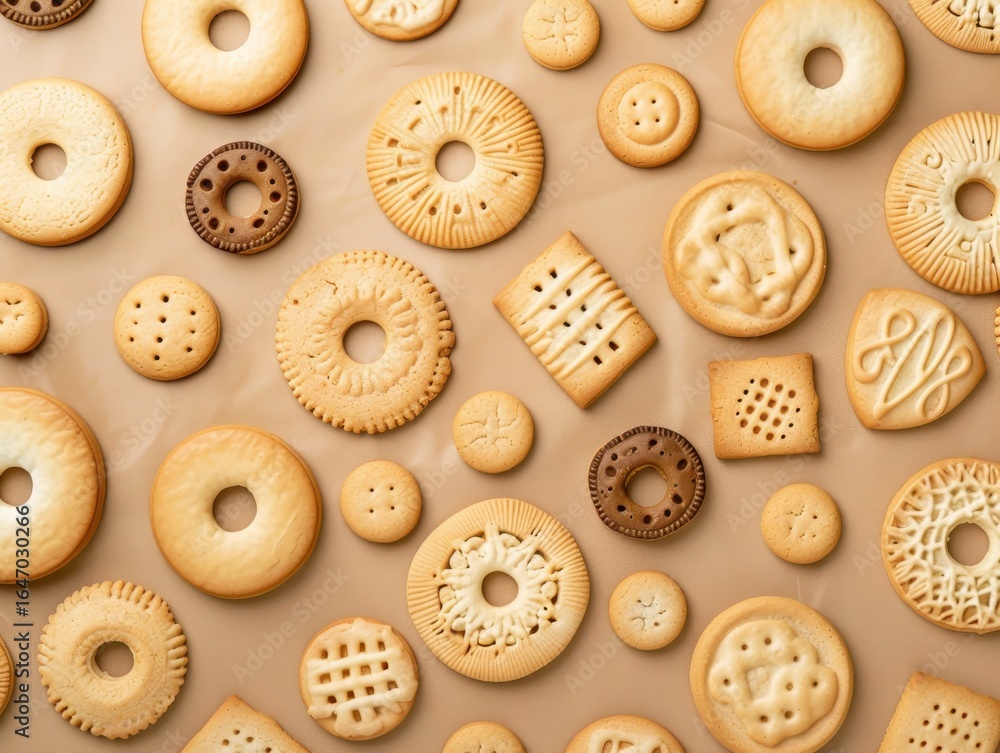 Fototapeta premium Assorted cookies arranged in a neat pattern on beige background. AI-generated.
