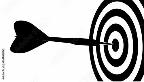 Black dart hitting the center of a black and white target with concentric circles on a white background