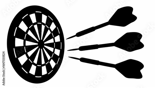 A black and white illustration of a dartboard with three darts hitting the target in a graphic style