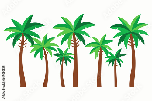 A row of stylized green palm trees with brown trunks on a white background
