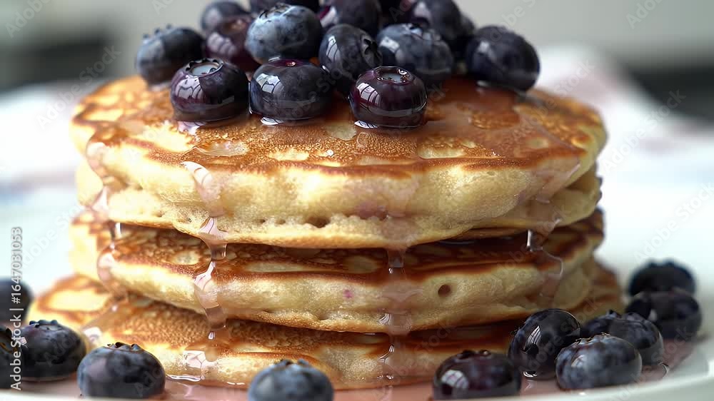 Stack of Golden Pancakes Topped with Fresh Blueberries and Dripping Syrup on White Plate Stack of Golden Pancakes Topped with Fresh Blueberries and Dripping Syrup on White Plate