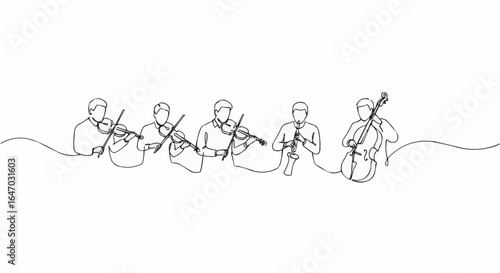 A group of musicians performing together in a line art style.