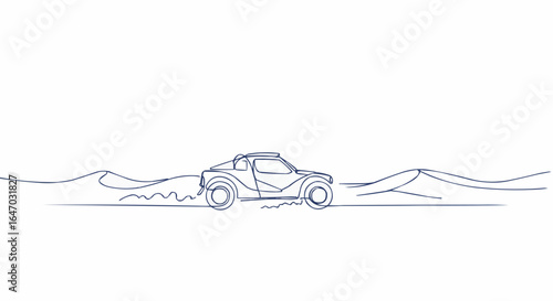 A stylized off-road vehicle speeding across a sandy desert landscape.