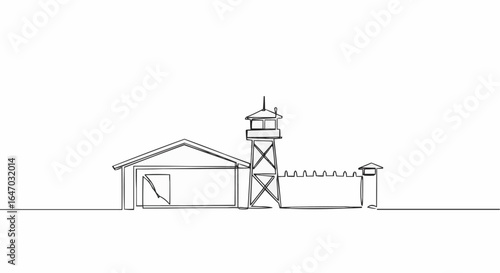 Minimalist line drawing of a prison and watchtower, symbolizing confinement and security. 
