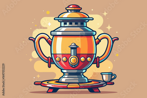 vector of Electric samovar or tea maker for preparing useful tea at home and offices. To relieve fatigue... light or silver background