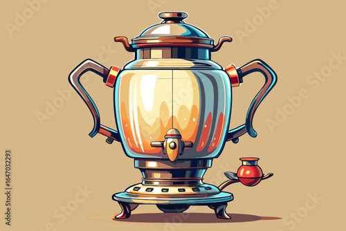 vector of Electric samovar or tea maker for preparing useful tea at home and offices. To relieve fatigue... light or silver background