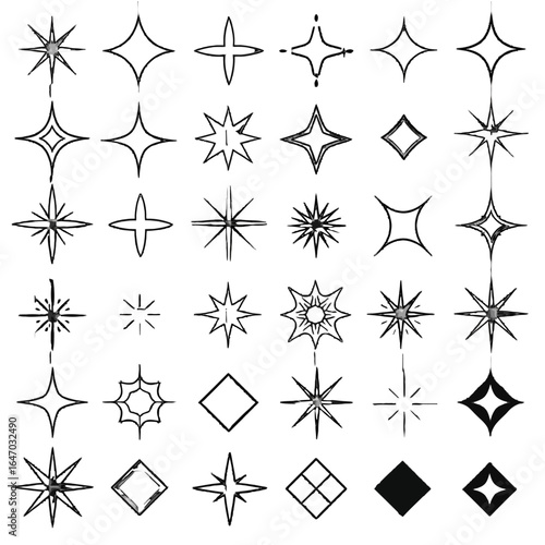 Handdrawn black sketch collection of various star sparkle and rhombus shapes.