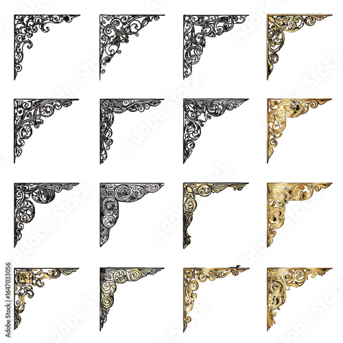 Set of ornate vintage corner brackets with intricate filigree scrollwork in black silver and gold.