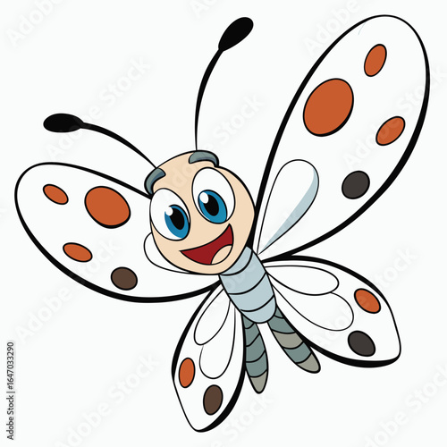 Smiling Cartoon Butterfly with White Wings and Brown Spots on White