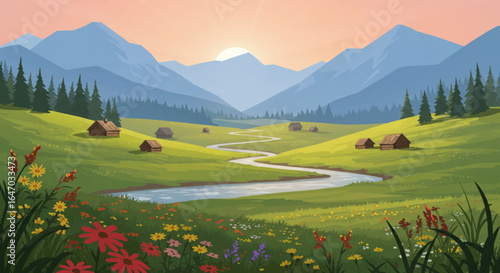 Serene Mountain Valley with Winding River and Rustic Cabins