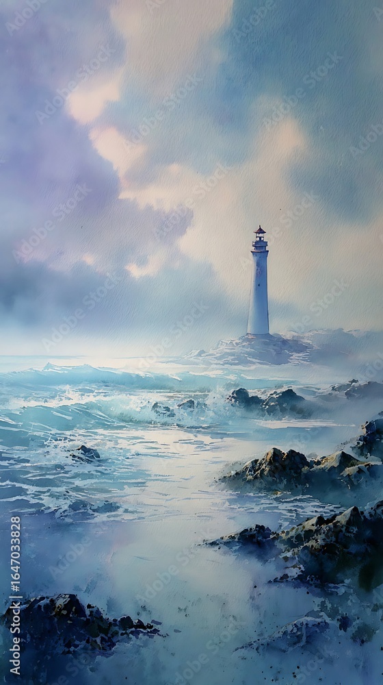 Fototapeta premium Tranquil lighthouse on a misty coastal scene.