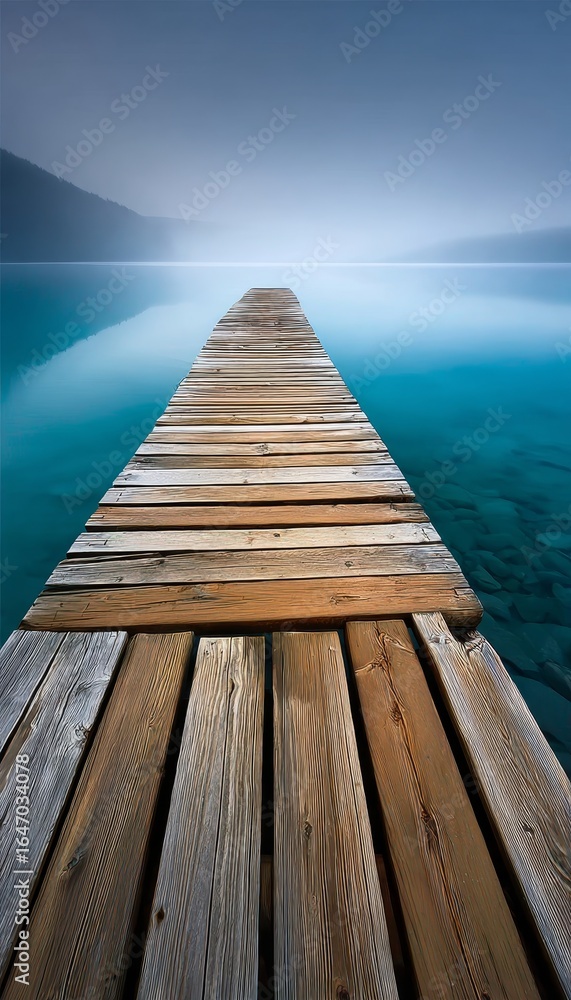 Fototapeta premium Serene Wooden Pier Extending into a Foggy Teal Lake Surrounded by Lush Greenery and Calm Waters