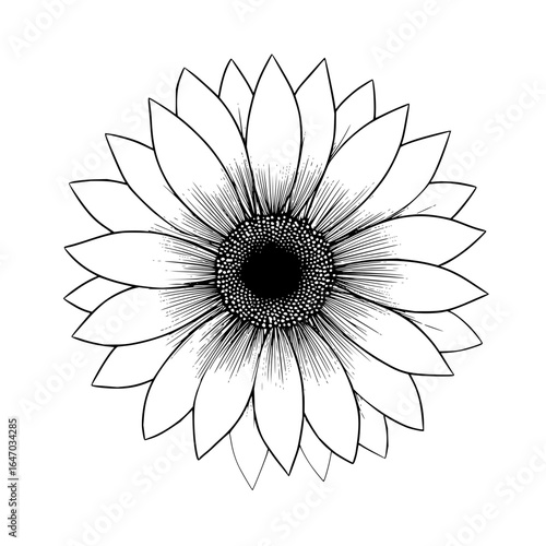 Detailed line drawing of a sunflower with prominent petals and a textured center on a white background