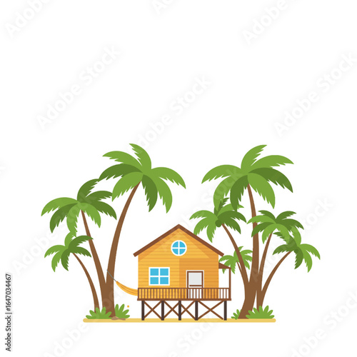Tropical Beach Bungalow with Palm Trees and Hammock