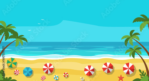 Tropical Beach Scene with Palm Trees and Umbrellas